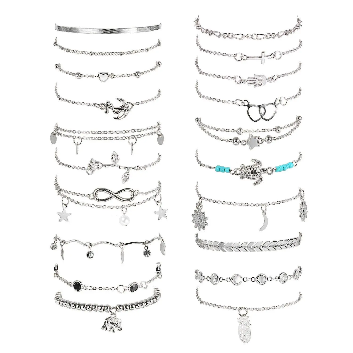 FASACCO 20pcs Women's Adjustable Anklets Set - Jewelry for Women with Heart, Star, Turtle, Infinite Designs for Beach, Summer Surfer Style, Anklets For Women