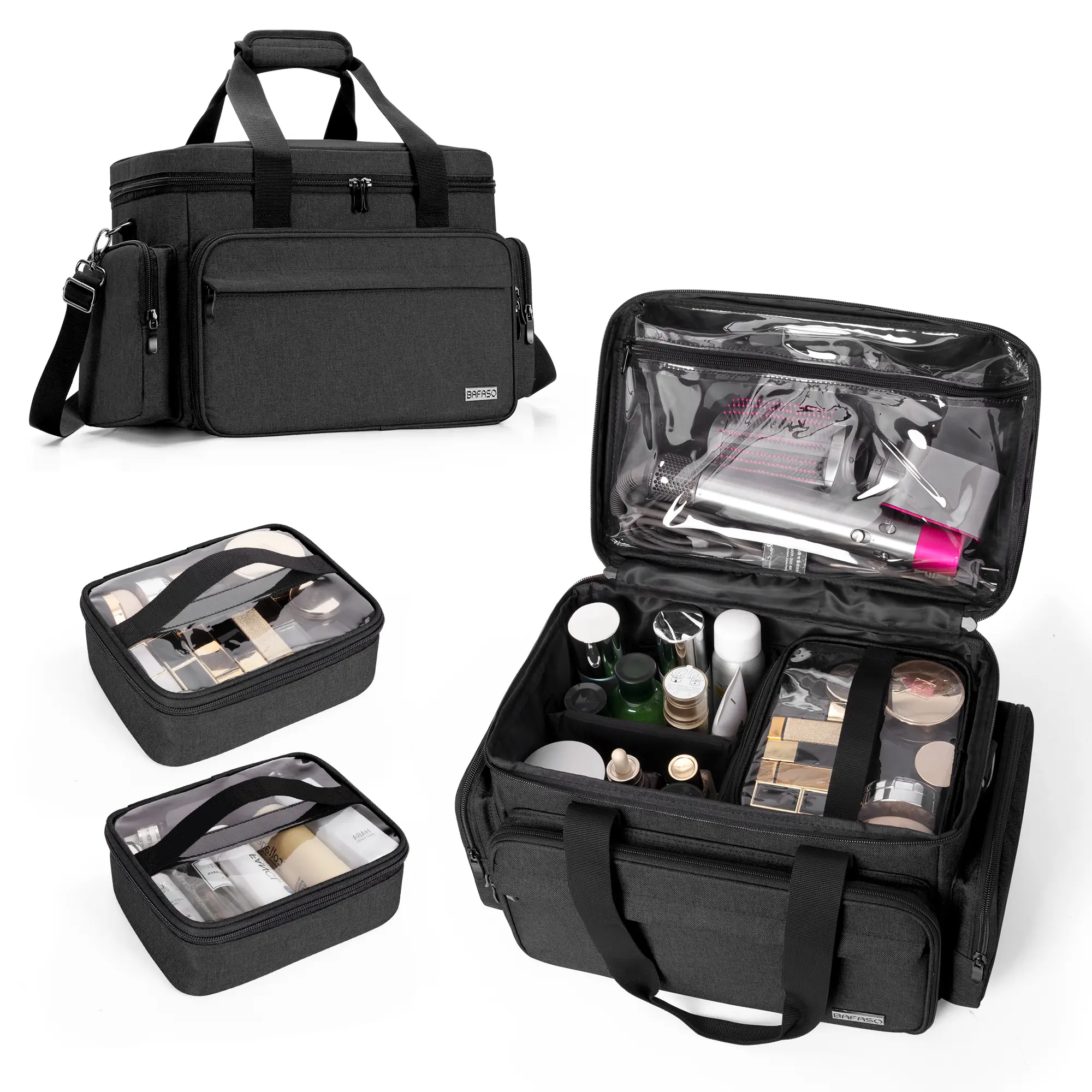 BAFASO Large Makeup Bag, Travel Cosmetic Case and Adjustable Organizer in Heavy-Duty Nylon, Holds Many Cosmetics, with 2 Removable Pouches and Shoulder Strap for Hair Supplies, Makeup Products, Vanity Organization, International Travel, Adjustable Organiz