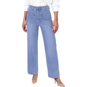 Wide Leg Jeans Woman High Waisted Patch Pocket Stretchy Denim Pants Vintage Casual Trouser Jeans