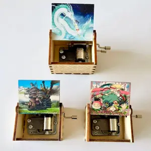 Wooden Decorative Music Box Hand-Cranked Anime Ghibli Lovers Gift Natural Rustic Home Decor Desk Accessory