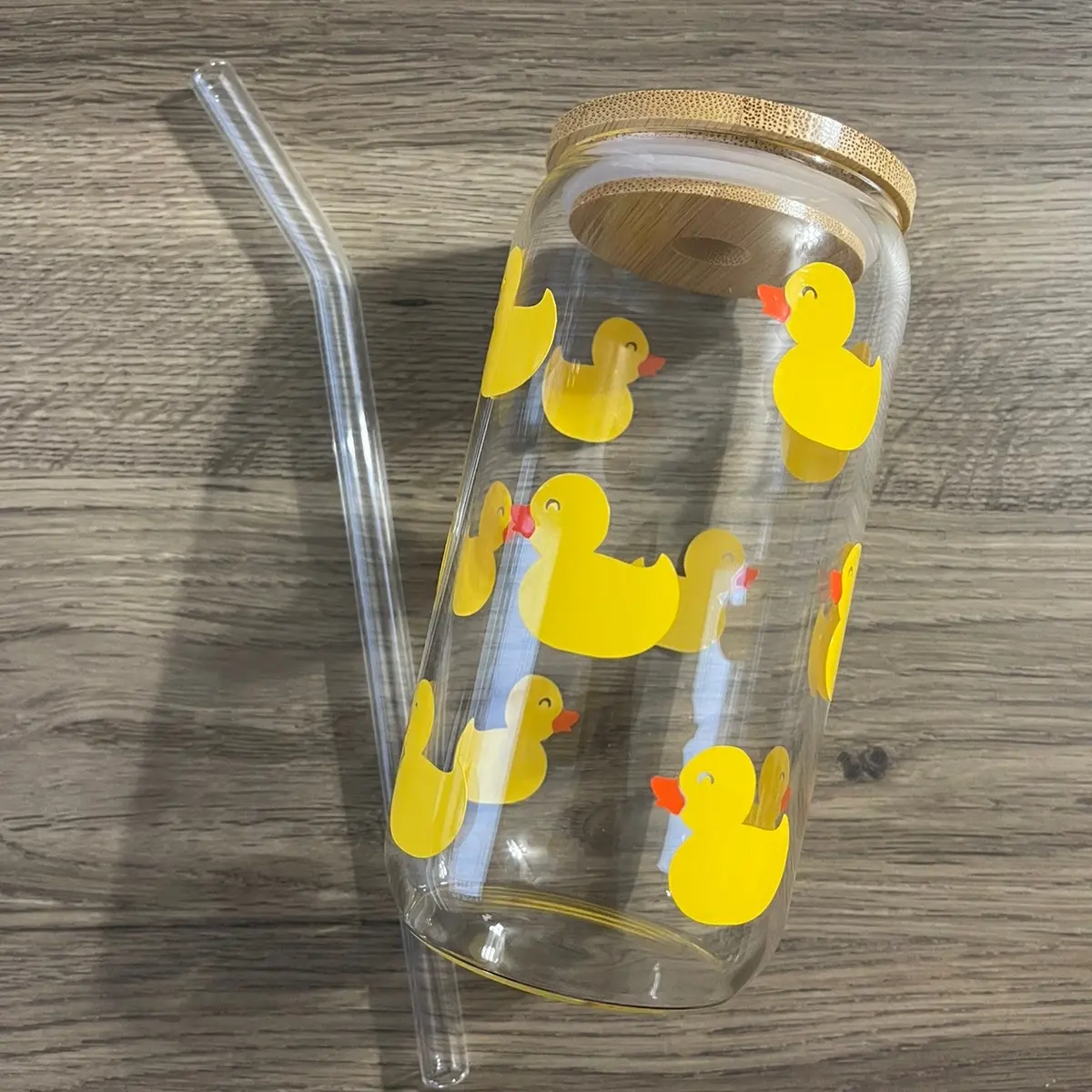 Rubber Duckie Beer Glass Can with Glass Straw and Bamboo Lid