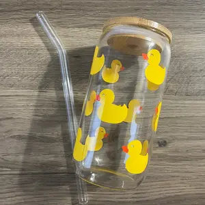 Rubber Duckie Beer Glass Can with Glass Straw and Bamboo Lid