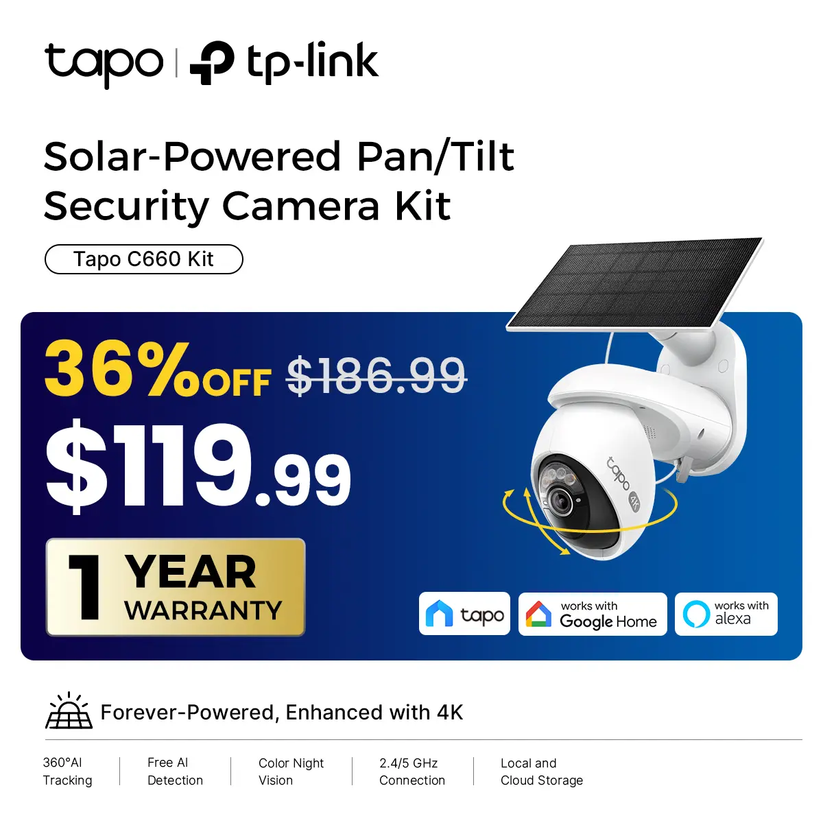 TP-Link & Tapo C660 KiT 4K Solar Security｜360° AI Tracking｜Starlight Color Night Vision｜Free Local Storage｜No Wires