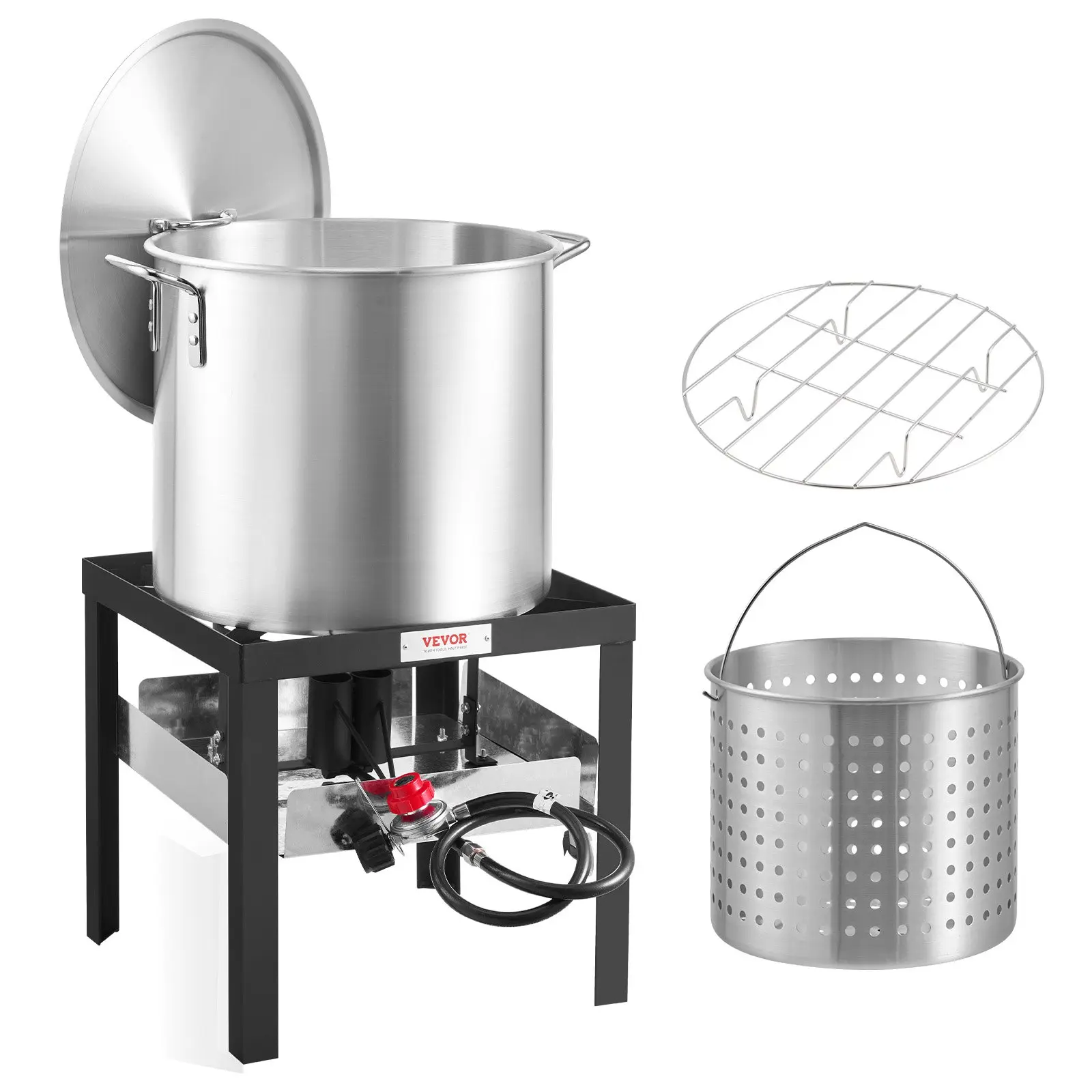 VEVOR 100 Qt Seafood Boiling Kit with Strainer, Aluminum Stockpot, Basket, Steamer Rack & 100000 BTUs Propane Burner – Outdoor Cooking Set for Christmas, Thanksgiving Family Meals (with Pressure Relief Valve), Outdoors