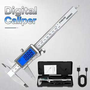 Digital caliper, USB rechargeable vernier measuring tool, stainless steel construction, equipped with backlit LCD screen and auto power-off function, supports inch/metric unit conversion, ideal for jewelry processing, woodworking, and DIY enthusiasts.