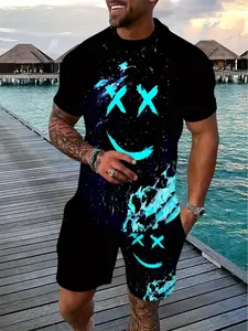 Dark Style Fluorescent Smile Men's Set, Colorblock Design, Unique Streetwear, All-Over Print, Casual Fit, All Seasons
