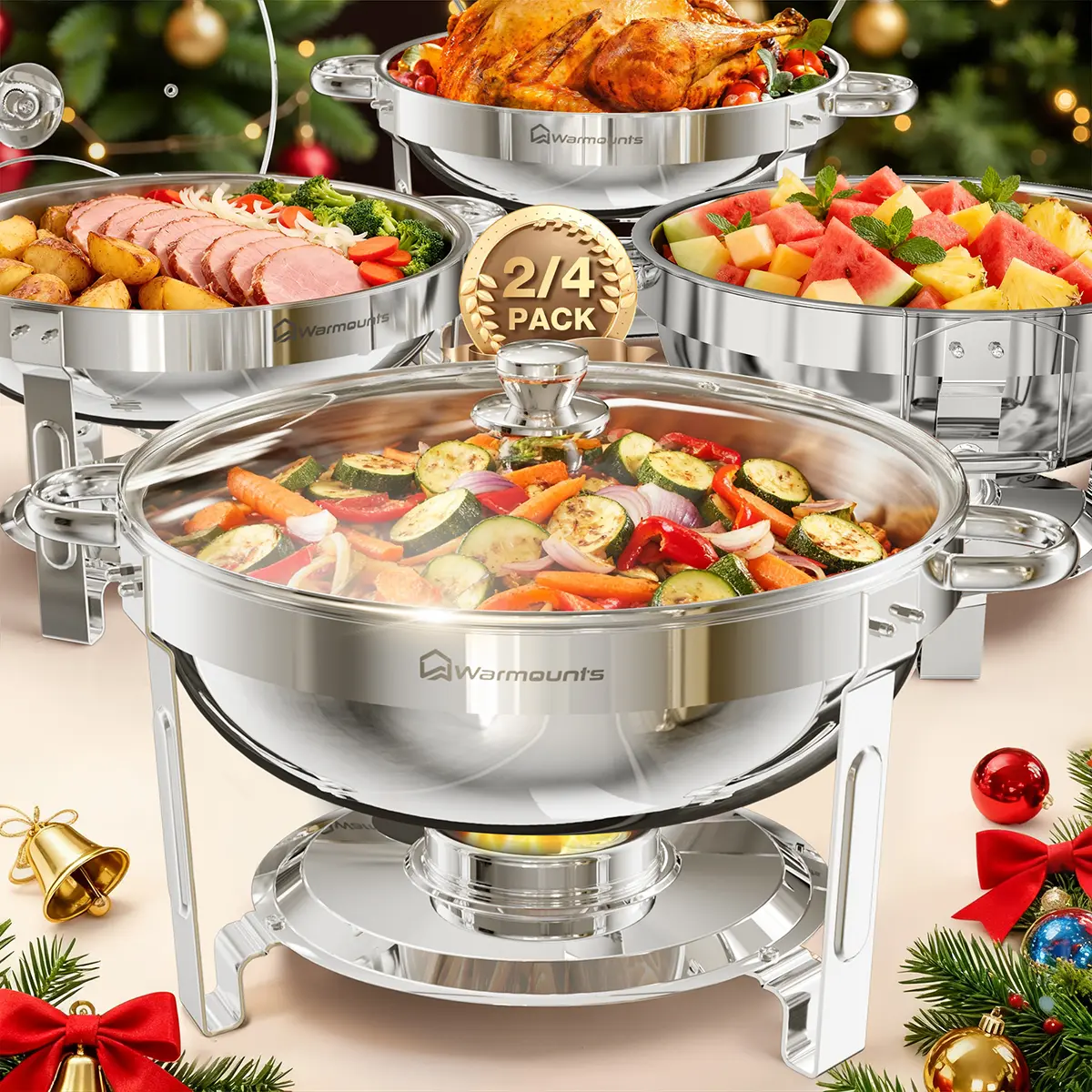 Summerwins WARMOUNTS Round 5QT Chafing Dishes with Glass Lid (2/4 Pack) – Stainless Steel Buffet Warmers, Mirror-Polished Silver Finish, Lid Holder, Rolled Rim, for Easter Brunch, Weddings & Catering