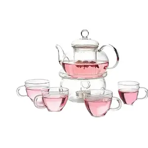 800ml 27oz Teapot with glass Infuser + base Warmer and 4 tea Cups handle