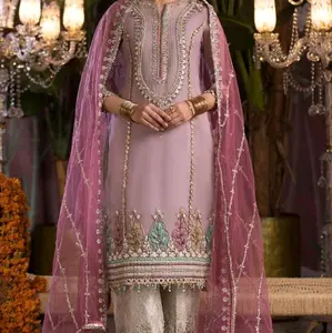 Khuda Bakhs 3pc Handwork Embroidered Suit with Shalwar and Embroidered Net Dupatta for Festive Wear