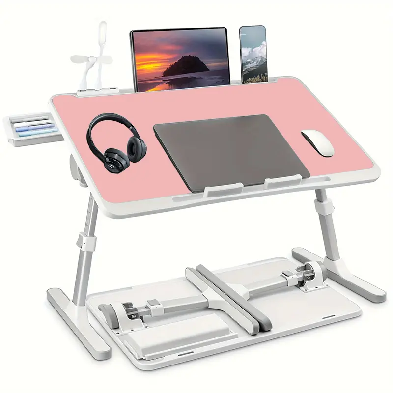 Laptop Bed Table - Adjustable Height, Foldable With USB Charging Port, Handle, Card Slot & Drawer - For Students & Remote Workers - Perfect for Dormitory, Bedside & Home Office