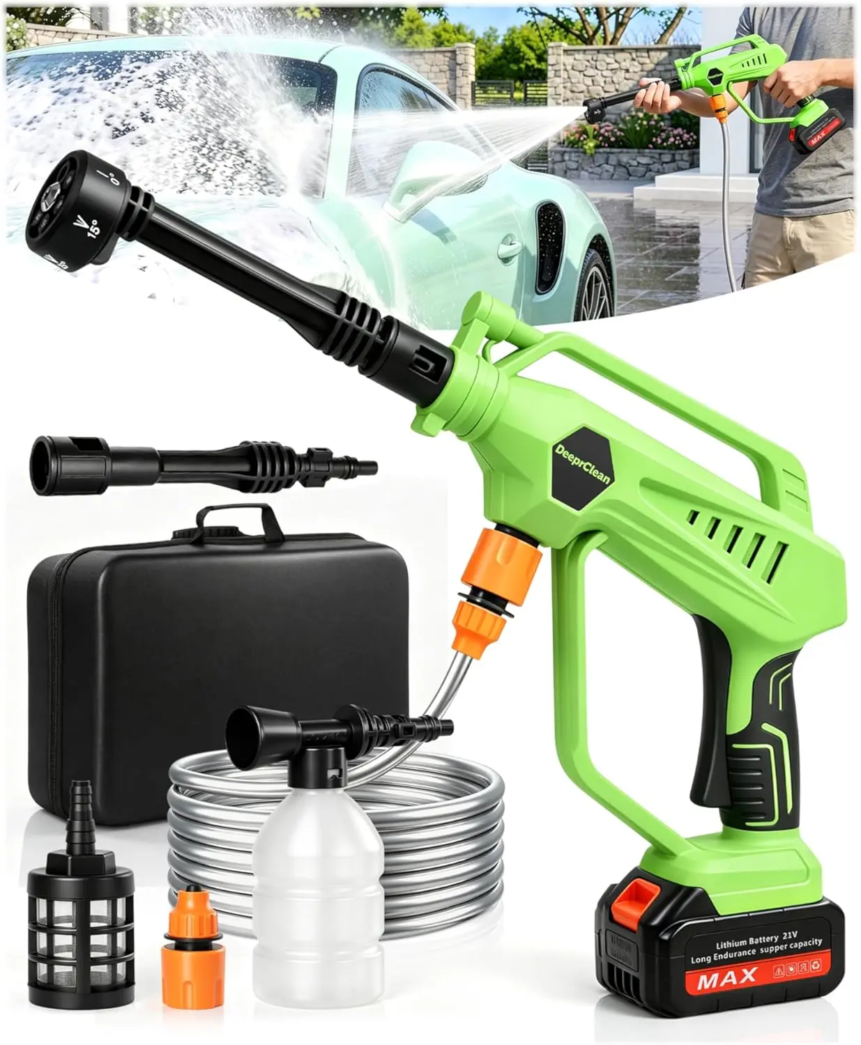 DeepClean Cordless Car Washer with 6-in-1 Nozzle, Portable Vehicle Cleaning Tool with Brushless Motor |3 Adjustable Levels & Battery Display | Lightweight Spray Tool for Car, Patio Outdoor Use-Lime