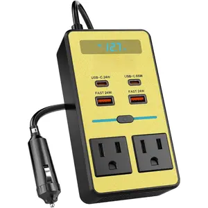 300W  Power Inverter - Dual DC 12V to 110V AC  Outlet Adapter, 65W USB-C Fast  Ports, Portable  Charger with LCD Screen and On and Off Controlfor Laptops, Phones