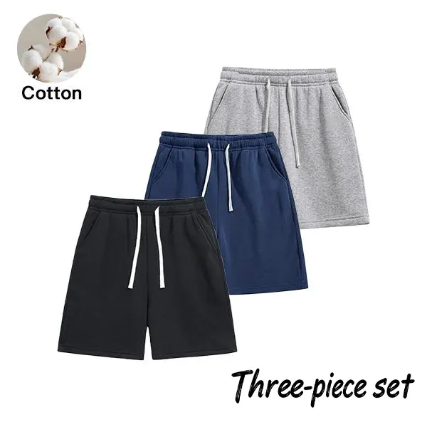 Menswear Men's 100% Cotton Drawstring Plain Shorts 3-Pack - Dark Gray + Black + Light Gray, Breathable Mid-Length Summer Shorts for Running, Fitness, Versatile Street & Daily Use, 100% Cotton Men's Shorts