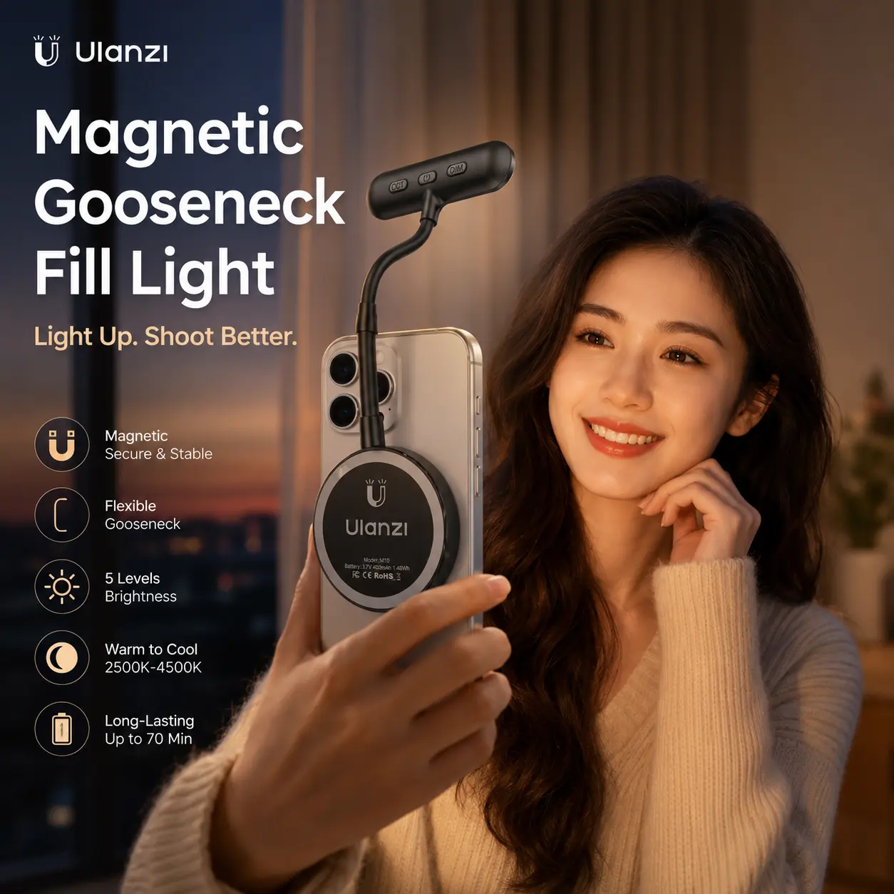 Magnetic Gooseneck Fill Light, MagSafe Compatible Phone Selfie Light with 5 Colour Temperatures, 5 Brightness Levels, Rechargeable Clip-On Reading Light for Vlogging, Live Streaming, Video Calls and Content Creation