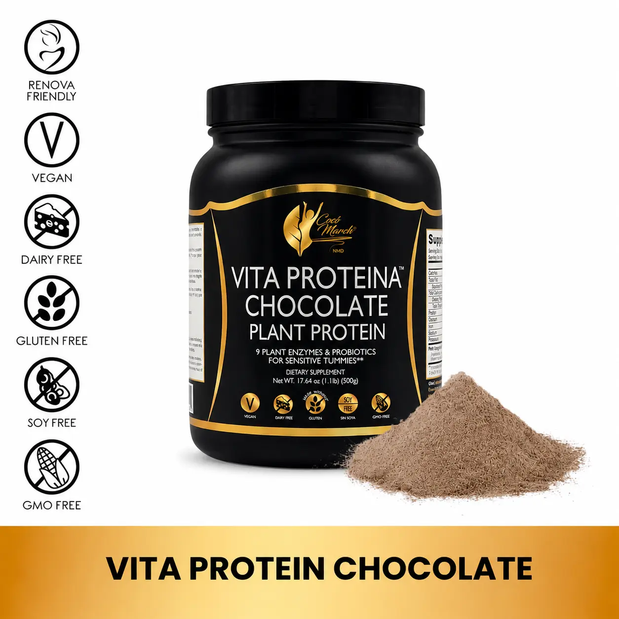 Cocó March N.M.D Vita Protein Chocolate Plant Protein Powder, Vegan Protein Shake with Digestive Enzymes & Probiotics - 17.6 oz (500g)
