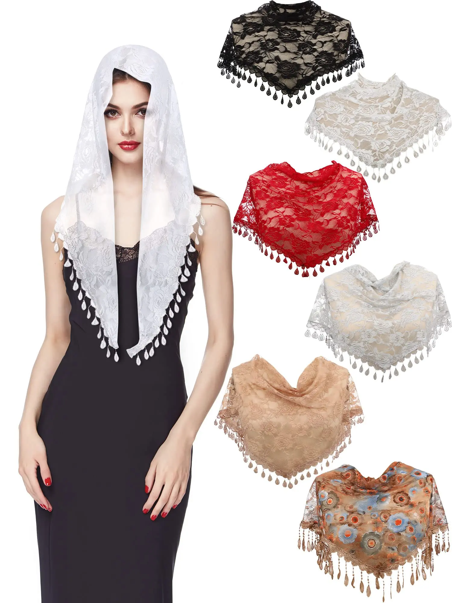 6 Pack Catholic Mantilla Veil Lace Head Covering for Women, Floral Church Veil for Mass, Wedding & Cathedral