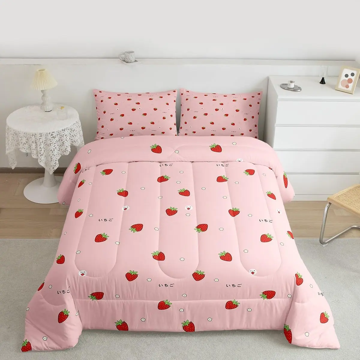 Feelyou Pink Strawberry Reversible Queen Bedding Set - Cute Duvet Set with U-Stitching, Travel-Friendly for Girly Room Decor, Bedding Sets