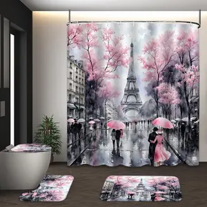 LVRLVR 4pcs Paris Eiffel Tower Cherry Blossom Rainy Street Watercolor Romantic French Bathroom Set with Shower Curtain, Bath Rugs and Hooks - Shower Curtain Sets - 70.8"×70.8" (180×180cm)