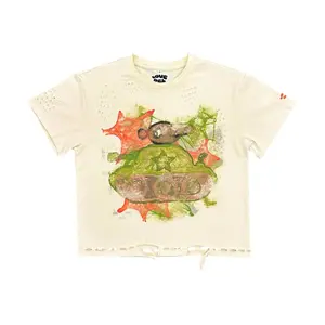 Artillery T-Shirt (Cream Distressed) Cotton Embroidered Menswear Top Cropped Jersey Big Print Sleeve Streetwear Cotton Embroidered