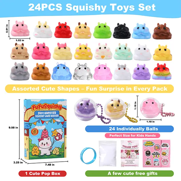 FUFUSQUISHY 24PCS Taba Hamster Squishy Keychain Charms for Kids, Soft Sensory Squeeze Toy Set, Individually Wrapped Packs, Classroom Prizes and Party Favors