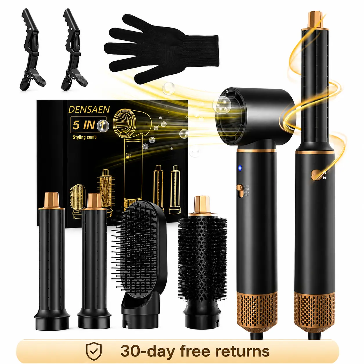 5-in-1 Air Styler Brush Set, Hot Air Hair Dryer Brush with Curling, Straightening, Drying & Smoothing Attachments, Gloves & Clips Included