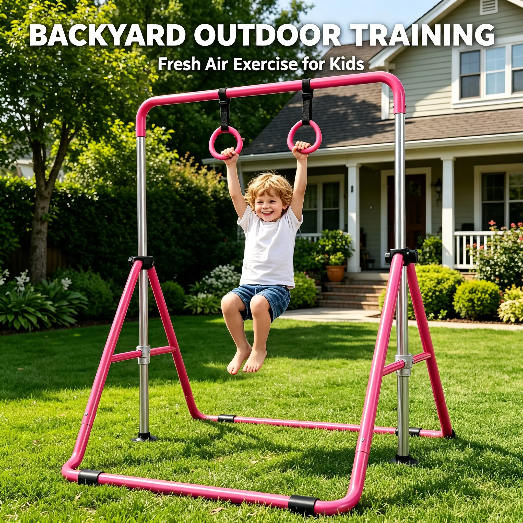 Adjustable Kids Horizontal Gymnastics Bar with Gymnastic Rings - Folding, Portable, Heavy-Duty Steel, Anti-Tip Base, Multiple Heights Toddler Home Gym Equipment for Boys & Girls 3-8 (Indoor, Outdoor Use) for Professional Dancing Practice