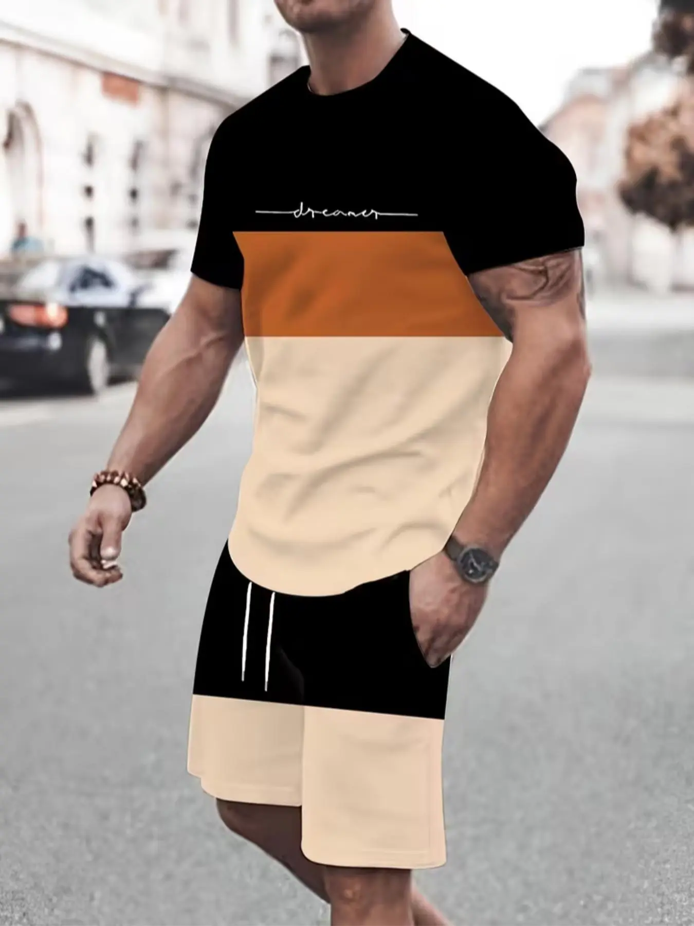 Men's Fashion Sportswear Streetwear Tracksuit Set Short Sleeve Summer Top & Track Shorts Casual Set, Geometric Pattern, Fitted Two-Piece Suit, Athleisure Set, Sport Casual Outfit, Sports Clothing, Athleisure Summer Clothes