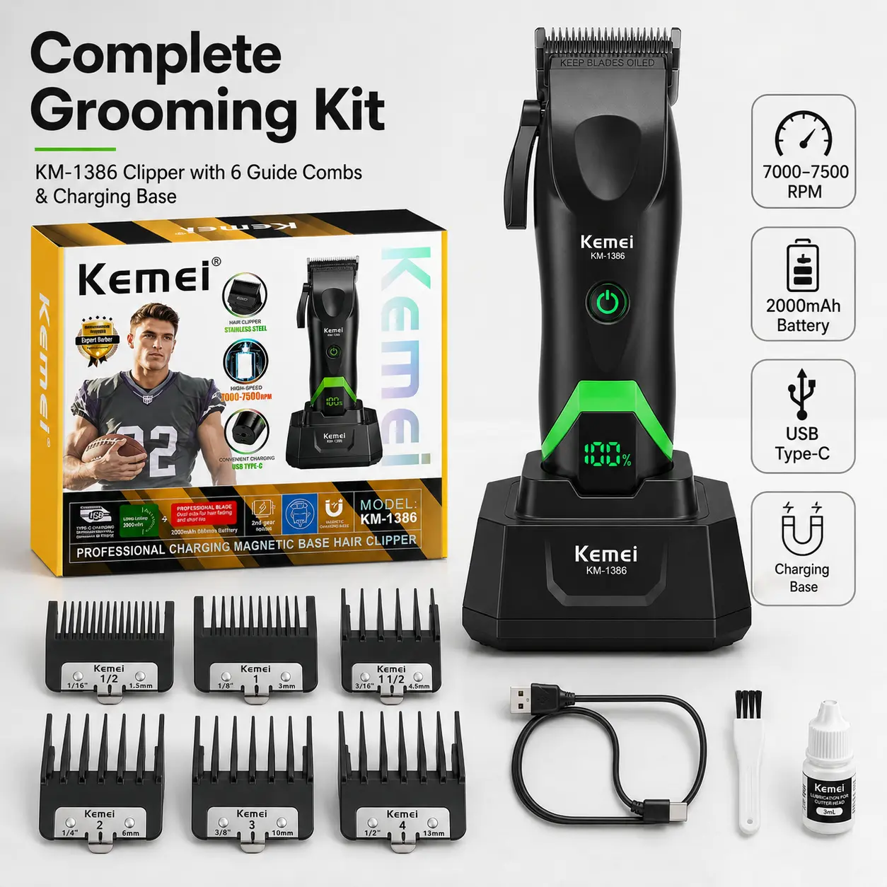 KEMEI KM-1386 Professional Cordless Hair Clipper for Men, Rechargeable Electric Hair Clipper with LED Display, Powerful Motor, Barber & Home Grooming Kit