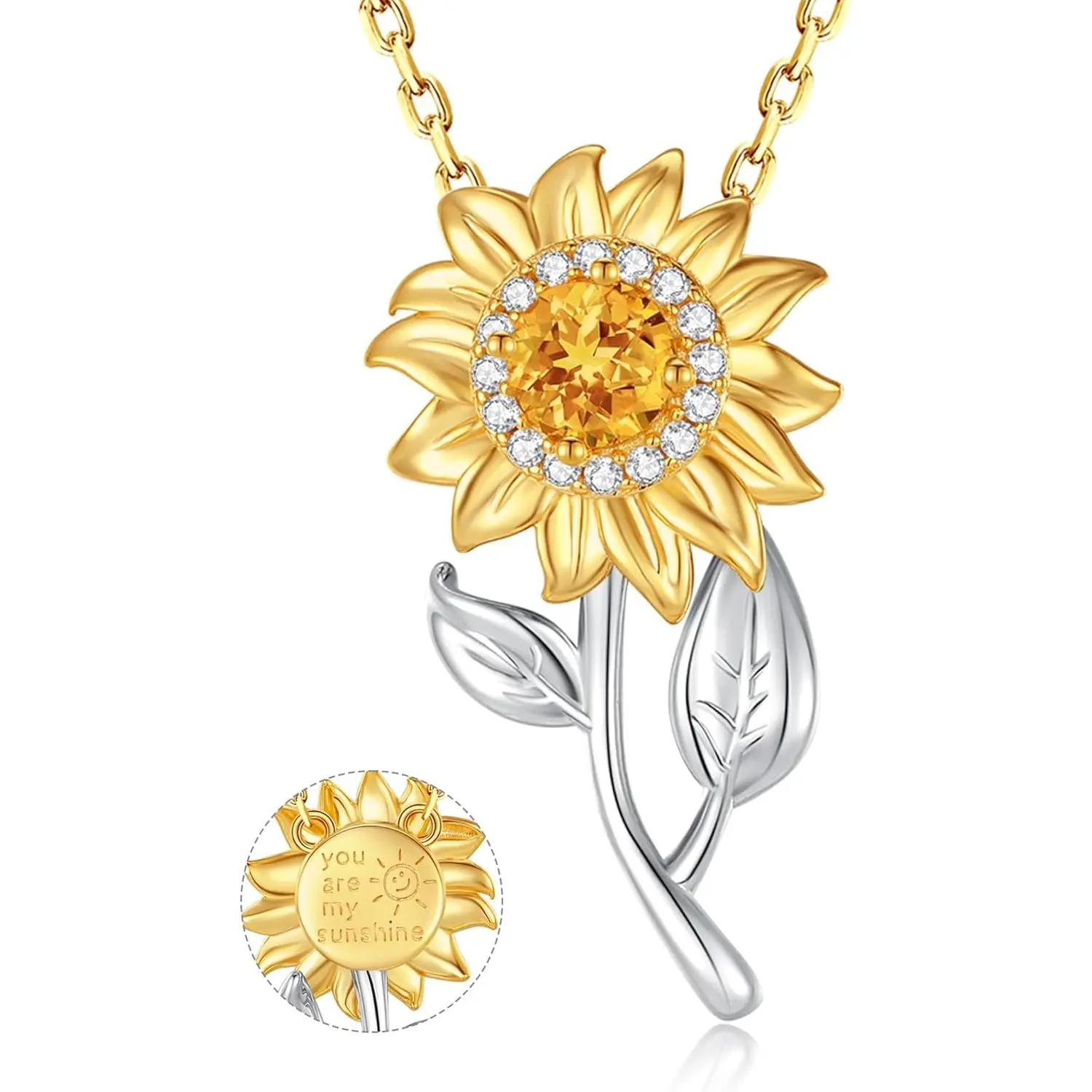You Are My Sunshine Sunflower Spinner Necklace, 925 Sterling Silver Pendant for Women