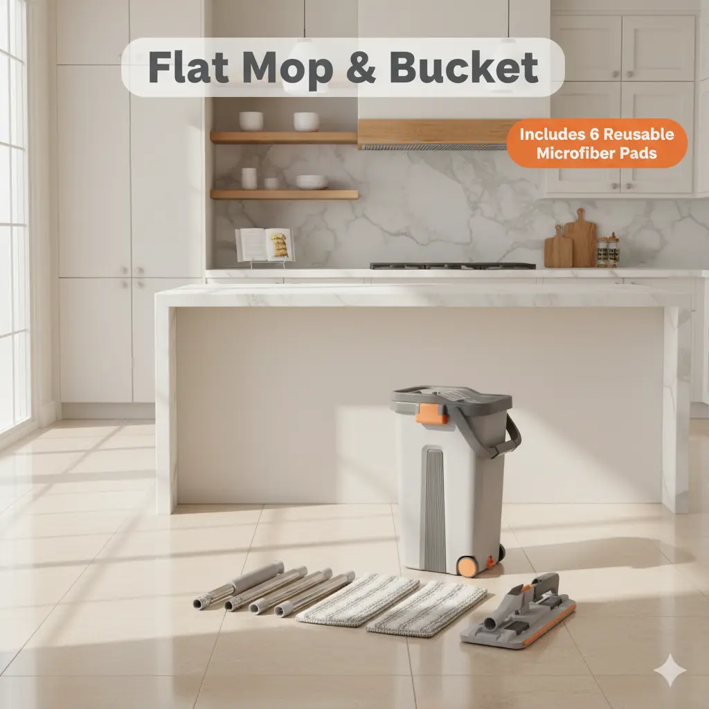 Indoor Self-Cleaning Floor Care Mop & Dual-Chamber Bucket Set, 15" Width Rotatable Mop Head, 6 Microfiber Pads, Wheeled Bucket, Stainless Steel Handle, Built-In Drain Plug, 120m² Coverage, 8 Min Efficiency for Tile, Wood Floors