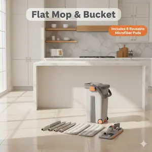 360 Magic Squeeze Flat Mop & Bucket Set 15-inch Extra Wide Mop 120m² Cleaning Area Wet & Dry Dual-Chamber Bucket Stainless Steel Handle Includes 6 Reusable Microfiber Pads