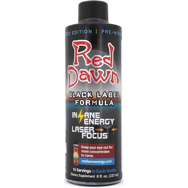 RED DAWN Black Label Formula Edible Liquid Pre-Workout Fitness Supplement, 8 fl oz Bottle, 16 Servings, Limited Edition - B12 Blend for Energy Boost & Laser Focus, Dietary Vitamin Support