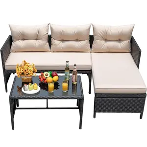 HOMALL Outdoor Patio Furniture 3-Piece Rattan Waterproof Outdoor Sectional Sofa All-Weather L Shaped Patio Couch with Cushion Glass Table for Balcony, Garden