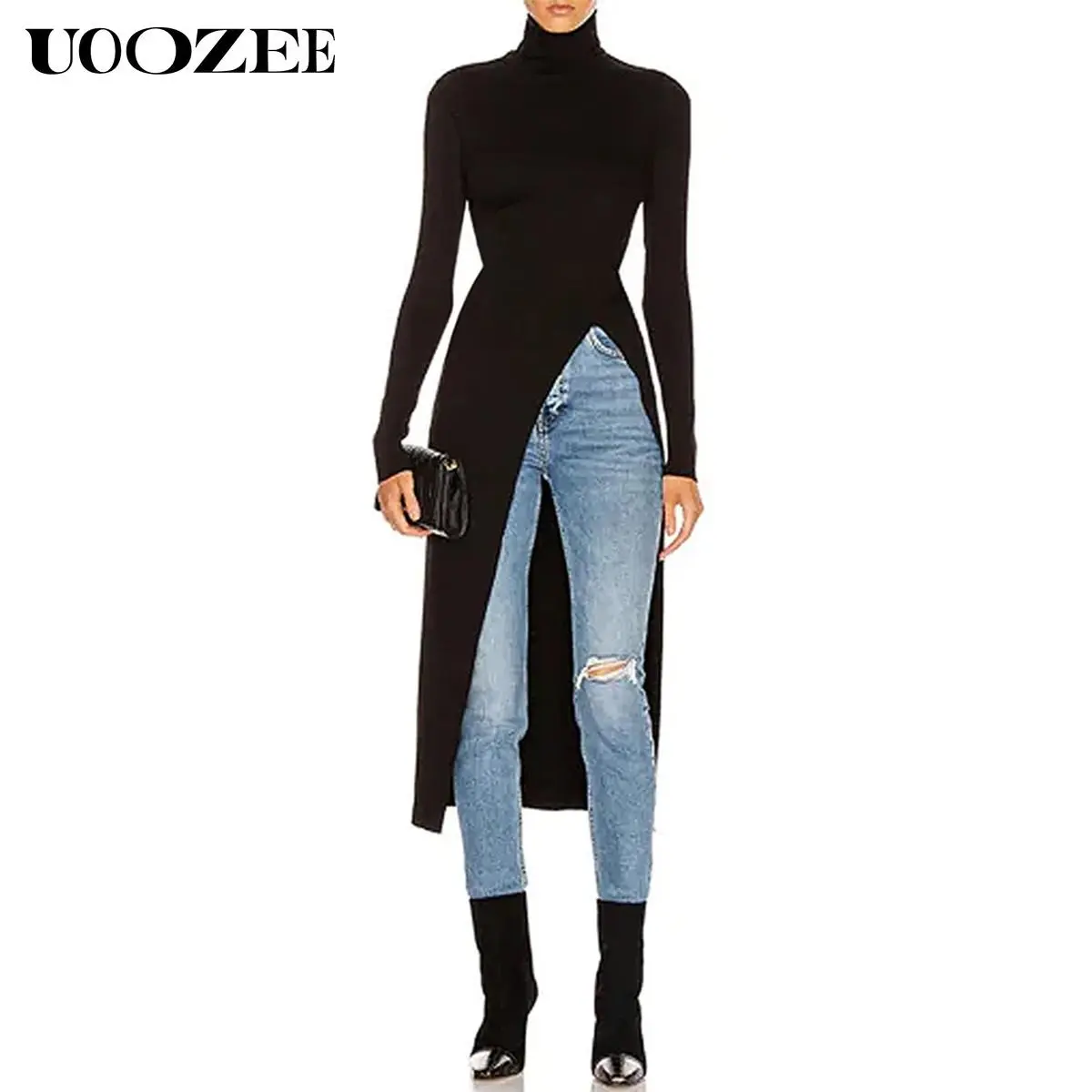 UOOZEE Casual Turtleneck Tops for Women, Minimalist Solid Long Sleeve Knit Pullover with a Split Hem for Office & Daily Wear, High Neck, Knitwear, Women's Clothing, Lady