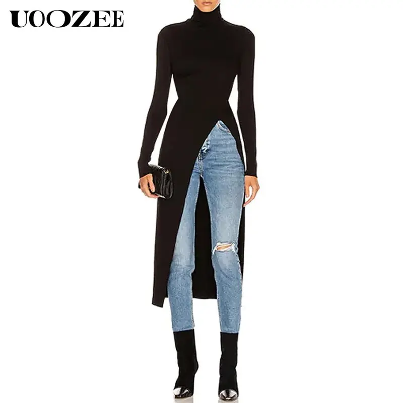 UOOZEE Women's Slim-Fit Long-Sleeve Polyester Turtleneck Pullover - High Neck Knitwear with Split Hem, Stylish Women's Wear, Flattering Tops for Office-To-Leisure Casual Business
