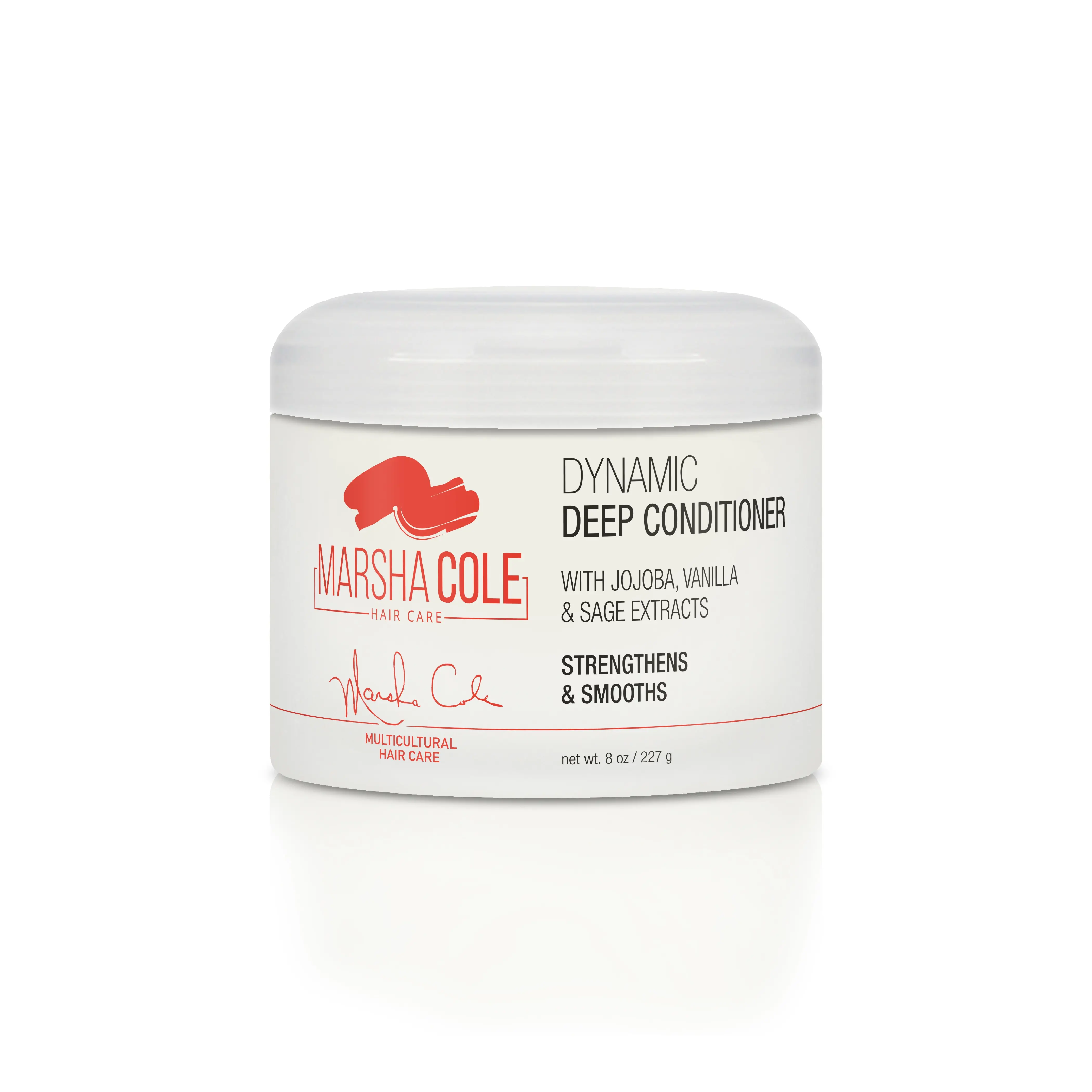 Dynamic Deep Conditioner with Jojoba, vanilla & sage extracts. Strengthens & smooths. Super charged with proteins. reduces breakage and stops frizz. cruelty free. Made in the USA