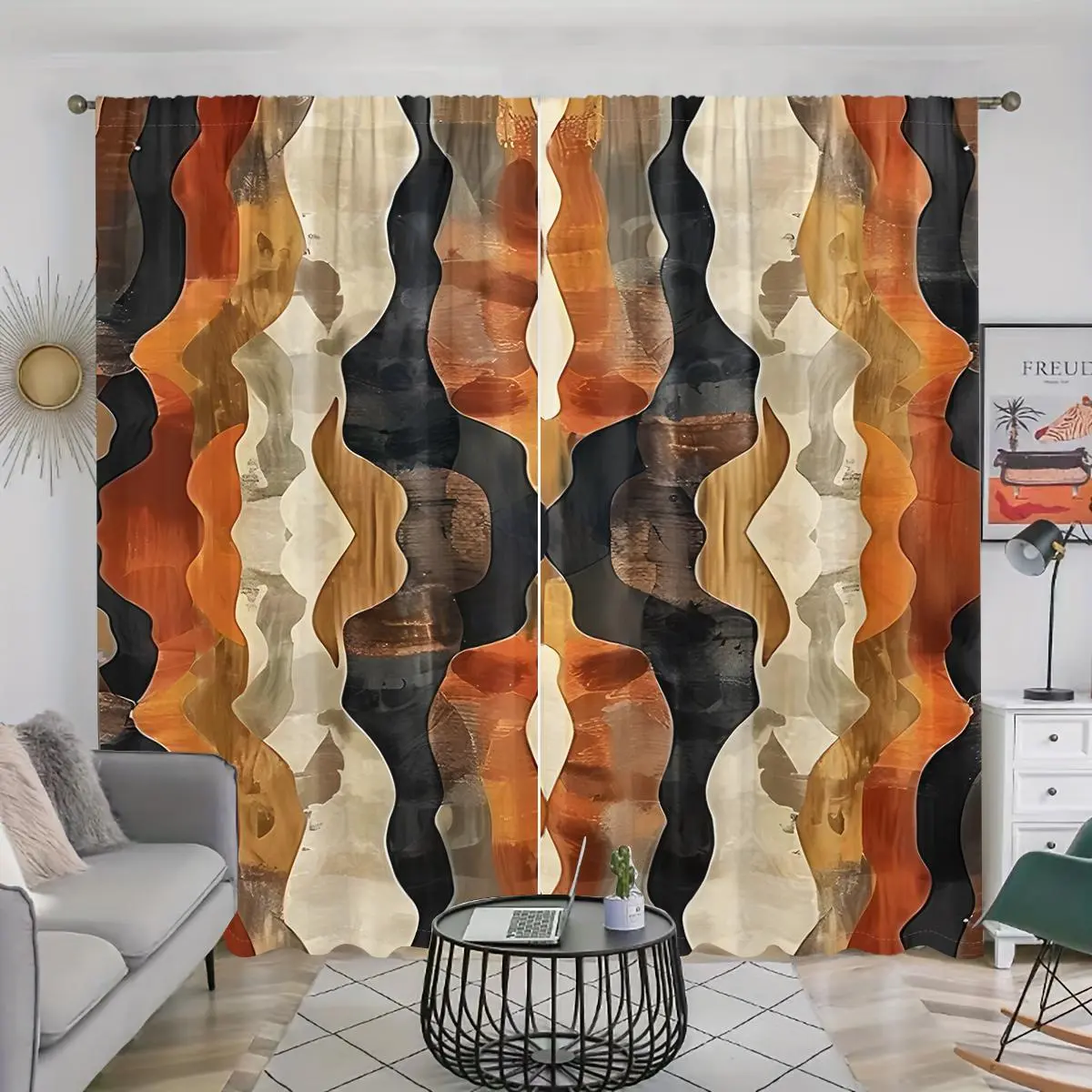 African Print Curtains Window Drapes with Ripple Design, Pole Pocket Installation, Lightweight Semi-blackout Privacy Protection, Polyester Fiber, Stylish Home Decor, Home Decoration Curtain, Home Decorative Curtain