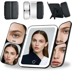 Tri-fold  Mirror with Light,Rechargeable Travel Makeup Mirror with 5X/10X/20X/30X Magnifying Mirror, Screen Dimming Light Up  Mirrors for Travel ,Black
