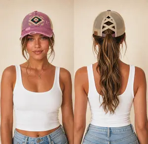 C.C Criss-Cross Ponytail Cap with Distressed Aztec Patch for Women, Perfect for Memorial Day, July 4th