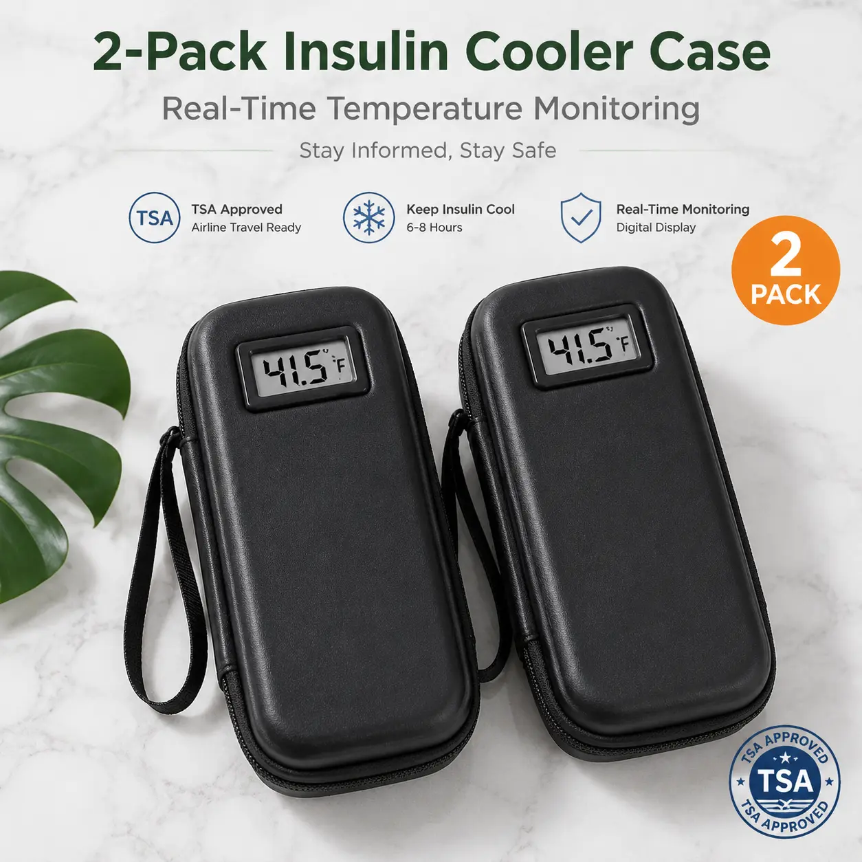 [2-Pack] Reusable Insulin Cooler Travel Bag with LCD Temp Display - TSA Approved, 0.6 lb Expandable Lightweight Bag with 2 x TSA Approved Ice Packs, Diabetes Meal Guide for Diabetics Home Organization, Reusable Cooler Bag, Insulated Cooler Bag