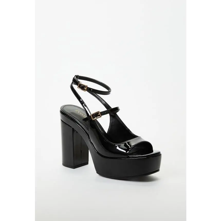 JUSTFAB Women Platform Sandal Adjustable Buckle 4.0" Heel Height Women’s Peep‑Toe Double Buckle Platform Heels – Glam Night Out Statement Shoes