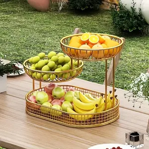 Fruit Basket, 1 Count 2-tier Luxury Snack & Cake Display Stand, Durable Iron Fruit Basket, Home Organizer for Kitchen & Living Room Decor, Rack, Dessert Table Display, Double Tiers, Display Holder
