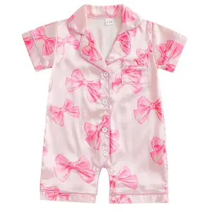 Babamoon Newborn Baby Girl Bow Silk Pajamas Rompers Button Down Short Sleeve Satin Infant Pjs Satin Sleepwear Jumpsuit Shorts