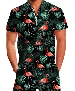 Summer short-sleeve jumpsuit Hawaiian Black Flamingo Asian Fabric
