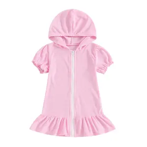 Girls Swim Cover Up Kids Swimsuit Coverup Casual Loose Solid Color Short Sleeve Ruffled Zipper Hooded Swimsuit Toddler Bathing Suit