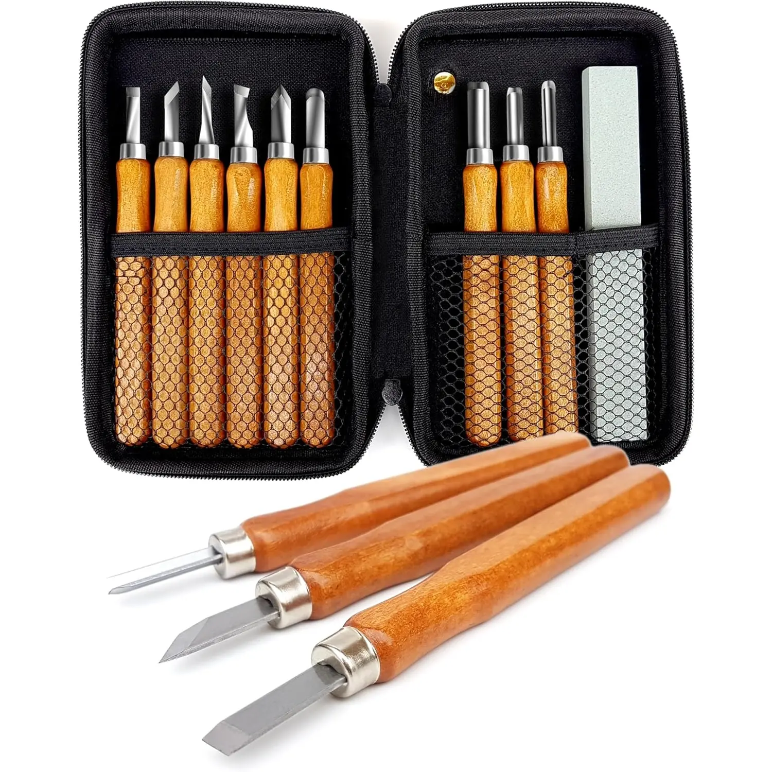 14-Piece SK5 Steel Wood Carving Hand Tools Set for Beginners - Kitchenware Knife Accessory Kit with Whetstone, Protective Case, Wax, Clay, Soaps, Squashes, Whittling Tools, Plastic Sculpting Cap
