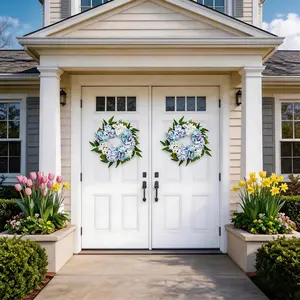 Artificial Blue Hydrangea Wreath with Daisies & Butterflies, All-Season Farmhouse Wall and Front Door Decoration, Lovely Gift for Easter, Wedding & Mother's Day,summervibes