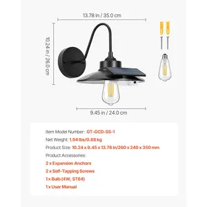 VEVOR Solar Outdoor Barn Light, 3 Lighting Modes and Motion Sensor, 1-Pack Gooseneck Light Fixture, Farmhouse Wall Sconce, with E26 Bulb Compatible, Waterproof for Porch, House, Entryway, Garage, Black