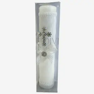Baptism Candle Style 35 - White Decorative Candle with Crystal Cross Ornament for Sacrament of Baptism