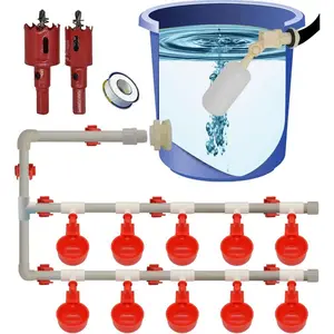Complete Set Pipeline Automatic Chicken Nipple Waterer Cups and 1/2" PVC Tee Fittings Pipe Feeder Poultry Waterer